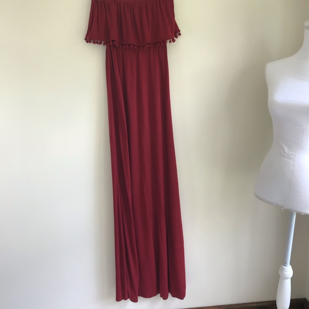 Burnt Orange Strapless Maxi Dress Pom Pom Trim Boho Size 4 - Picture 5 of 6